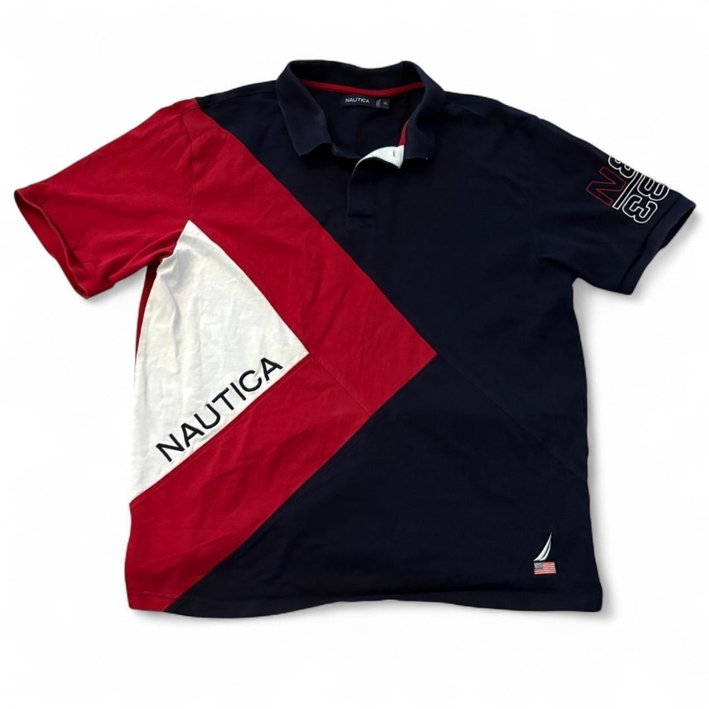 Nautica Mens Navy Red White Colorblock Embroidered Logo Polo Shirt XL